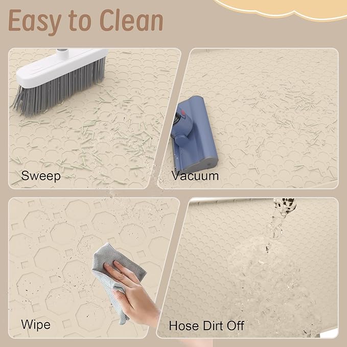 Large Cat Litter Mat 34"x22", Cat Litter Trapping Mat For Litter Box, Silicone Pet Feeding Mat With Raised Edges Waterproof, Beige