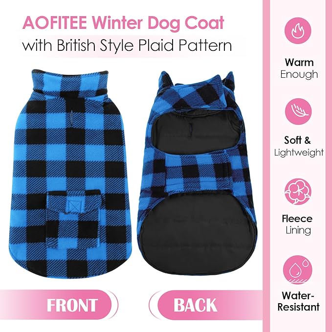 AOFITEE Dog Coat Plaid Dog Winter Coat for Small Dogs, Warm Dogs Jacket Christmas Sweater, Waterproof Pet Puffer Jacket, Reversible Pet Cold Weather Coats for Small Medium Large Pets, Blue M