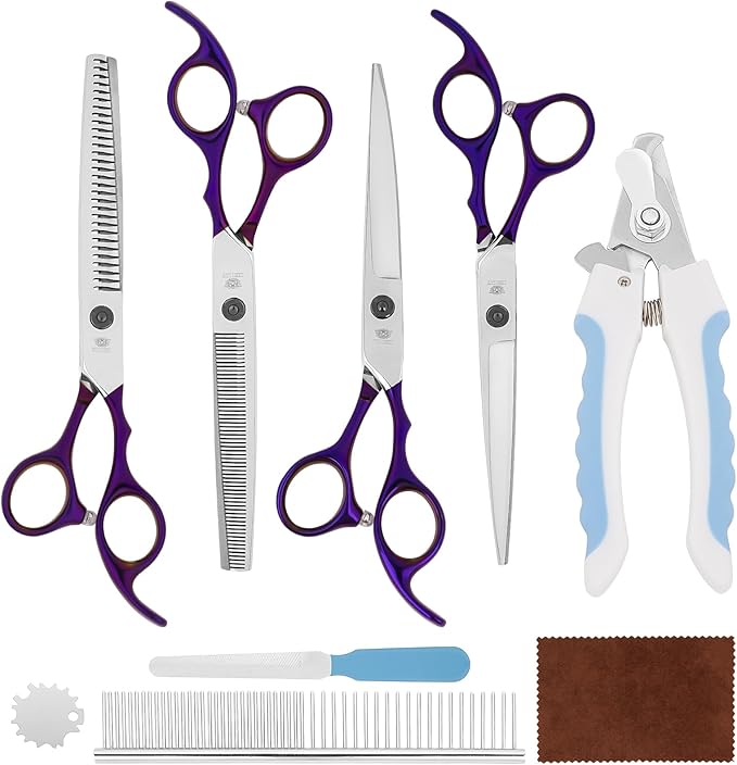 Professional Dog Grooming Scissors Set, Curved Dog Grooming, Thinning Scissors,Chunkers,440C Stainless Steel pet Grooming Scissors