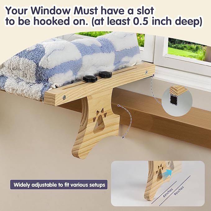 Cat Sill Window Perch Sturdy Hammock Window Seat with Cushion Bed Cover, Premium Wood & Metal Frame for Cats, Easy to Adjust Cat Bed for Windowsill, Bedside and Drawer (White-Blue, 15)
