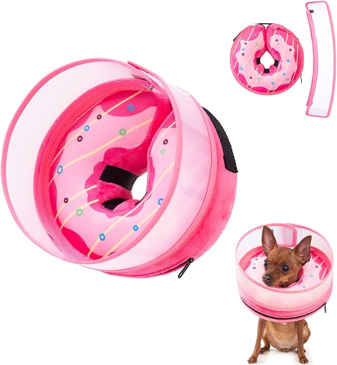 Inflatable Dog Cone Collar for Large Medium Small Dogs, Soft Dog Donut Collar Adjustable Recovery Cone for Pets After Surgery, Extra Enhanced Anti-Licking Guard Shield (Pink Donut, Small)