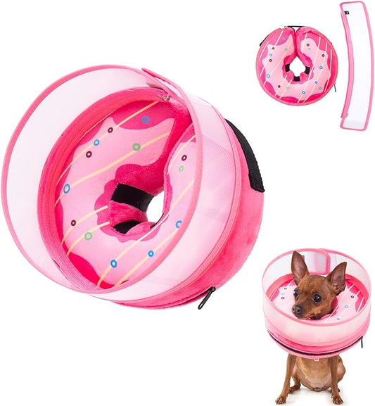 Inflatable Dog Cone Collar for Large Medium Small Dogs, Soft Dog Donut Collar Adjustable Recovery Cone for Pets After Surgery, Extra Enhanced Anti-Licking Guard Shield (Pink Donut, Small)
