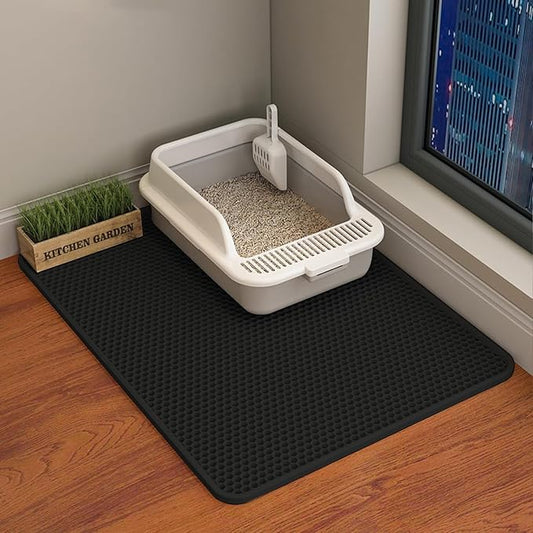 Cat Litter Mat Cat Litter Trapping Mat, 24 x 18 inch Honeycomb Double Layer Design, Urine and Water Proof Material, Scatter Control, Less Waste, Easier to Clean, Washable black