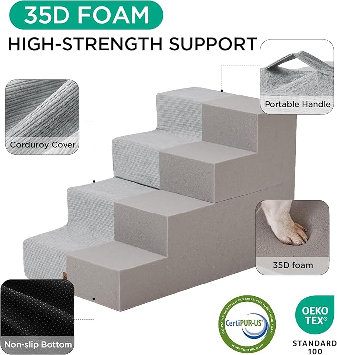 Made4Pets Dog Stairs for Small Dogs, Extra Wide Dog Steps for Bed Couch Sofa and Chair, 35D Foam Pet Steps for Small Dogs and Cats(Up to 40lbs), Non-Slip Bottom Pet Stairs, Light Grey, 3 Steps