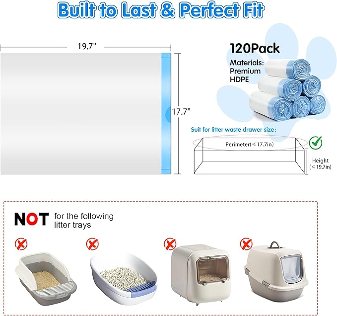 120 Count Self Cleaning Cat Litter Box Liners Bag Fit For MeoWant MW-SC01,MW-SC02, Drawstring Heavy Duty Litter Receptacles Bags Compatible with Automatic Cat Litter Box- 17.7" x 19.7"