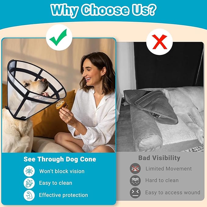 Dog Cone, Transparent Recovery Collar for Large Medium Small Pets, Adjustable Length, Soft Cone for Dogs to Stop Licking, Padded Elizabethan Collar with Elastic Loops After Surgery Patented