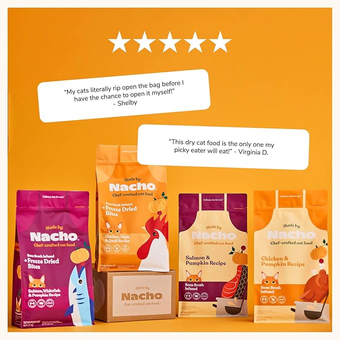 Made by Nacho Dry Cat Kibble 10lb Bag, High Protein Premium Cat Food with Freeze Dried Pieces, Sustainably-Caught Salmon, Whitefish & Pumpkin, Limited Ingredients, Single Bag
