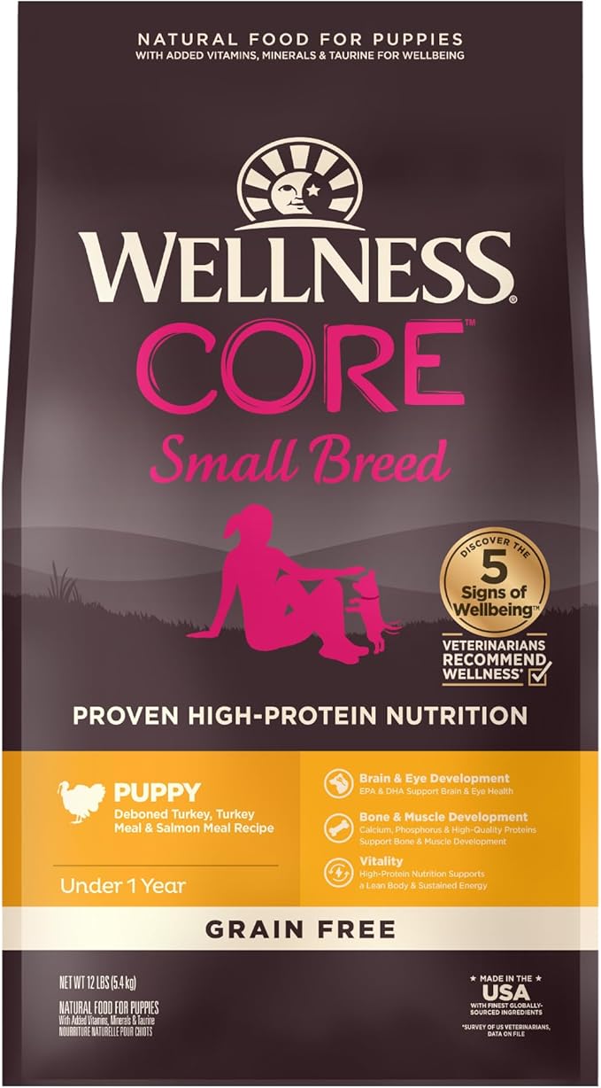 Wellness CORE Grain-Free High-Protein Small Breed Dry Dog Food, Natural Ingredients, Made in USA with Real Meat (Puppy ,Turkey, 12-Pound Bag)