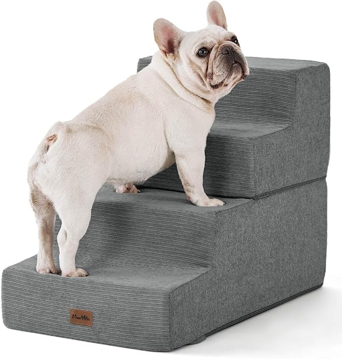 Made4Pets Dog Steps for Bed, Extra Wide Dog Stairs for High Bed Couch Sofa, 35D Foam Pet Steps for Small Dogs and Cats(Up to 40lbs), Non-Slip Bottom Pet Stairs, Grey, 4 Steps