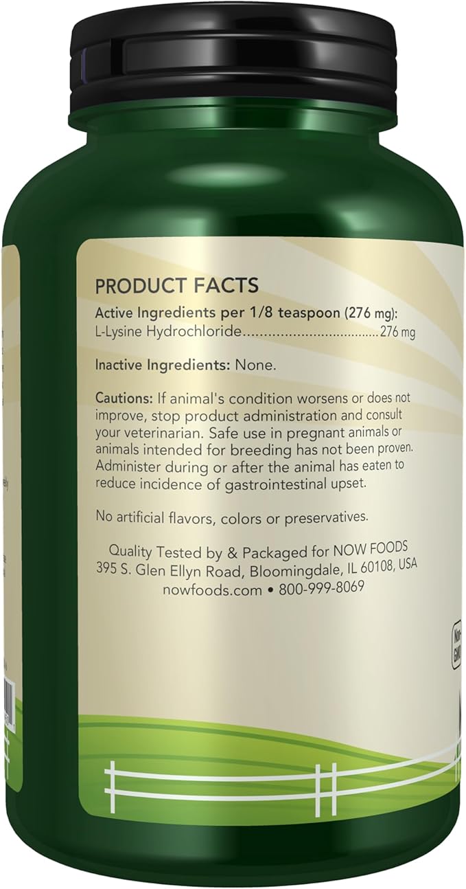 NOW Pet Health, L-Lysine Supplement, Powder, Formulated for Cats, NASC Certified, 8-Ounce