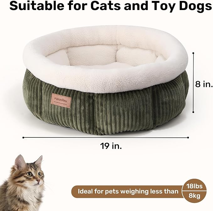 FUKUMARU Cat Bed, Corduroy Round Cat Beds for Indoor Cats, Washable Fluffy Pet Bed for Cats and Puppy, Soft Cute Small Dog Beds, Green