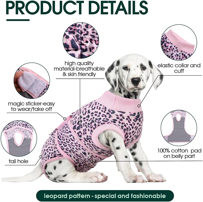 Kuoser Dog Recovery Suit Female, Soft Puppy Surgery Suit, Dog Recovery Suit After Surgery, Post-Op Onesie for Female & Male Dogs, Soft Protective Wear, PinkLeopard S