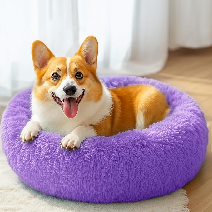 28in Large Dog Bed, Medium Size Dog and Cats, Calming Donut Bed for Puppy and Kitten, Washable Round Fluffy Pet Bed (Purple)