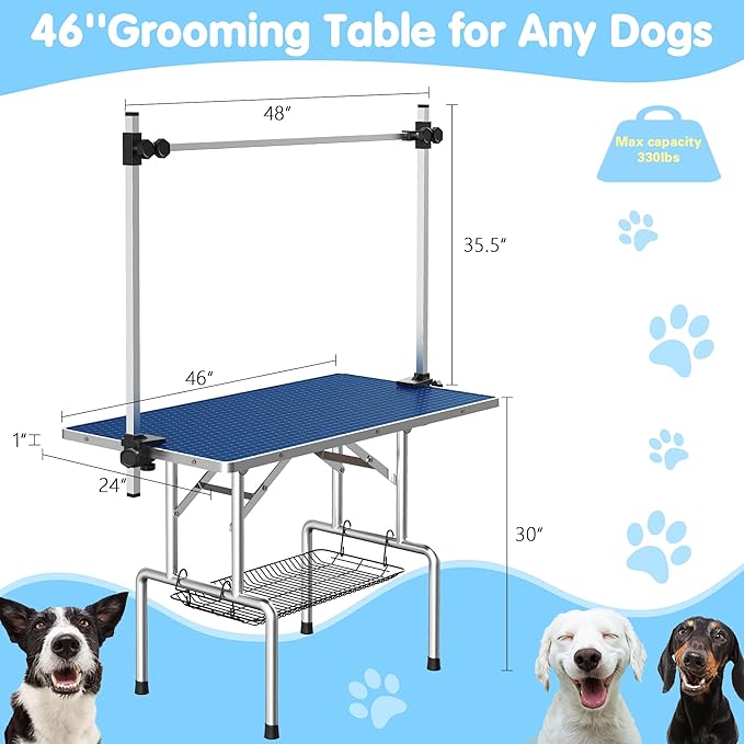 46''Large Dog Grooming Table, Adjustable Cat Drying Desktop with Arms, Nooses, Mesh Tray, Foldable Pet Station at Home, Maximum Capacity Up to 330Lb, 46inch, Blue