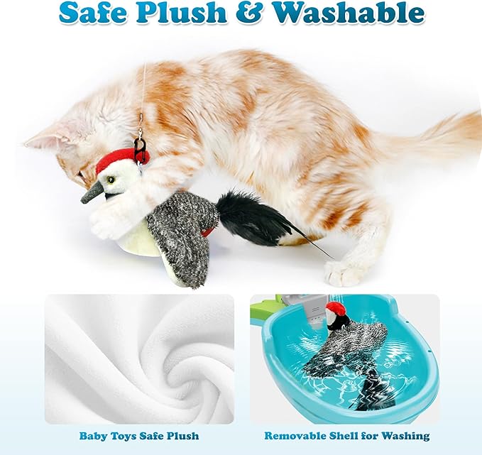 LEWISER Cat Toys, Flapping Wings Cute Woodpecker, No Flying, Chirping Bird Interactive Catnip Toy for Kitten or Small Dogs, Touch Activated, Rechargeable