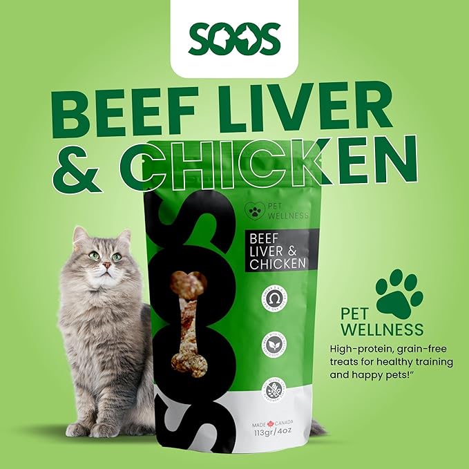SOOS Natural Beef Liver & Chicken Treats for Dogs & Cats - High Protein, Grain Free, Vitamin Minerals, Healthy Training Treats - 113g