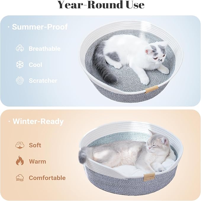 CHEERHOME PETS Cat Bed Basket with Cushion, Cute Pet Bed for Indoor Cats Couch, Kitten Bed for Medium and Large Cat, All Season Universal (Grey)