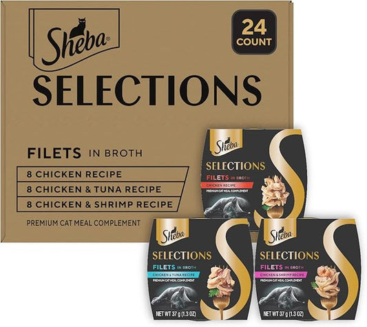 Sheba Selections Filets in Broth Adult Wet Cat Meal Complement Chicken, Tuna, or Shrimp Recipe, 1.3 oz. Cups, 24 Count