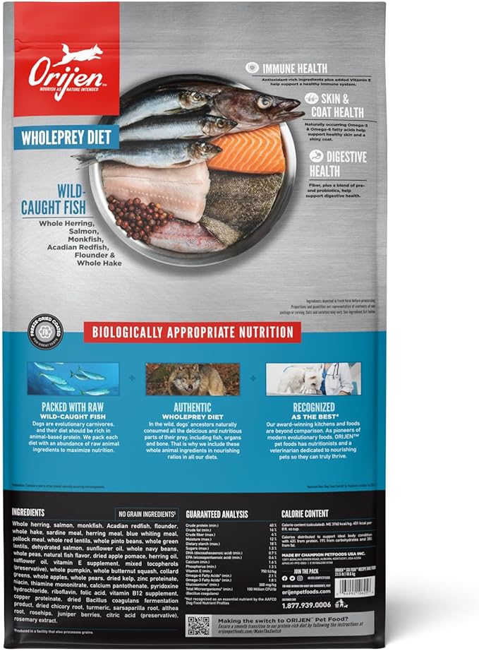 ORIJEN Grain Free Poultry Free High Protein Dry Dog Food Six Fish Recipe 23.5lb Bag