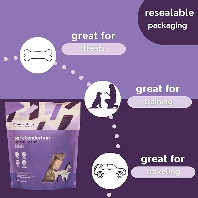 Momentum Carnivore Nutrition Freeze-Dried Pork Tenderloin Dog Treats – Single-Ingredient, Dog & Cat Treats – High-Protein, Grain-Free– 3.5 oz Bag