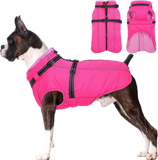 Lelepet Dog Winter Coat Waterproof Dog Jacket with Harness Built in Windproof Reflective Pet Coats for Small Medium Large Dogs, Thermal Fleece Lined Coats for Cold Weather Walking Hiking, Rose Red, XL