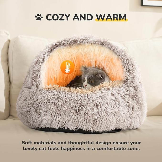 CATISM Cat Bed, Plush Hooded Cat Beds for Indoor Cats, Self Warming Cats Beds Cave, Cozy Pod for Indoor Kitten or Small Dog, Removable Washable with Non-Slip Bottom