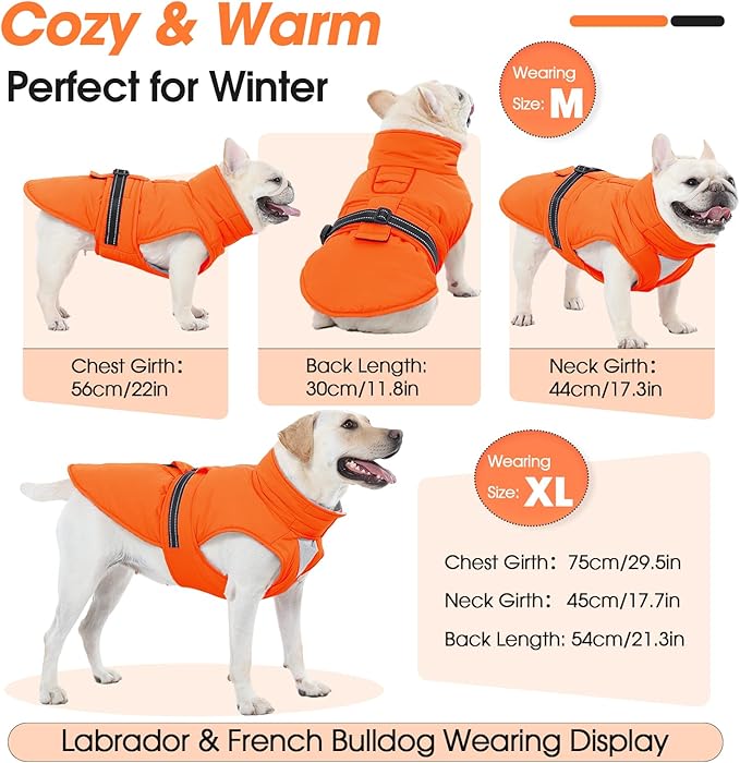 XXXL Dog Coat, Warm Dog Winter Jacket, Waterproof Dogs Snowsuit With Foldable High Collar, Reflective Strips, Leash Hole, And Adjustable Hook & Loop Closure - Ideal For Cold Weather- Orange 3XL