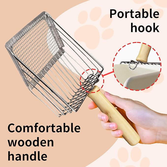 Cat Litter Scoop, Premium Kitty Shovel with Hook and Hole, Metal Sifter Scooper Stainless Steel for Easy Cleaning, Durable and Heavy Duty, Odor-Free for Litter Box (Scoop with Holder)