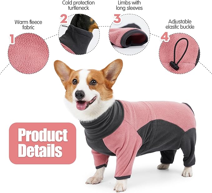 Dog Winter Coat - Warm Fleece Jacket, Windproof Pullover Bodysuit, Fullbody Pajamas Onesie for Medium Large Dogs (XSmall, Pink)
