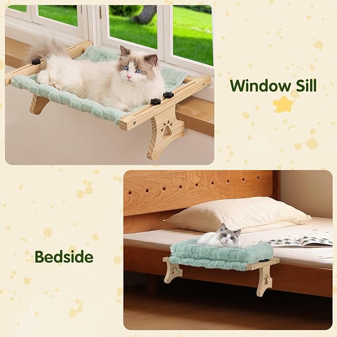 Cat Sill Window Perch Sturdy Hammock Window Seat with Cushion Bed Cover, Premium Wood & Metal Frame for Cats, Easy to Adjust Cat Bed for Windowsill, Bedside and Drawer (Blue-Green, 15)