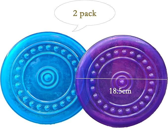 Dog Flying Discs Soft Teeth Cleanning Chew Toys,Rubber Material, Durable, Indestructible,2 Pack,18.5cm,90g,Blue and Purple Colors for Puppies Small Medium Dog Outdoor Training.
