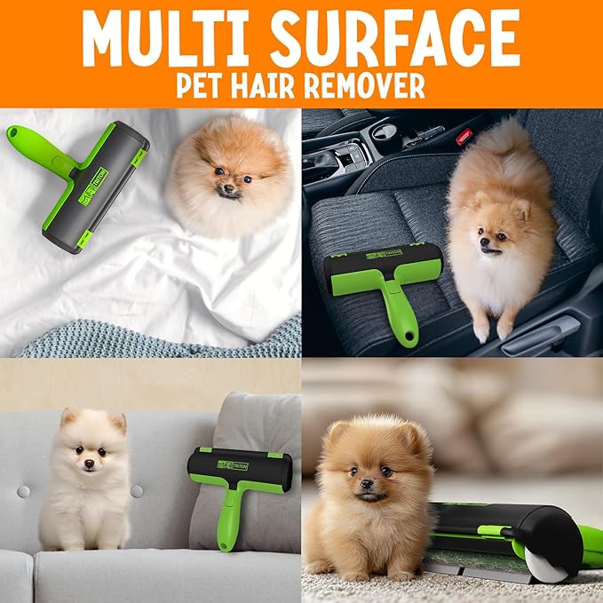 Triton Pet Hair Remover w/Fur Trapping Compartment - Easy to Use Pet Hair Removal Tool - Detachable Handle Cat & Dog Hair Remover for Car, Furniture, Clothes, Couch - Reusable Lint Roller (Green)