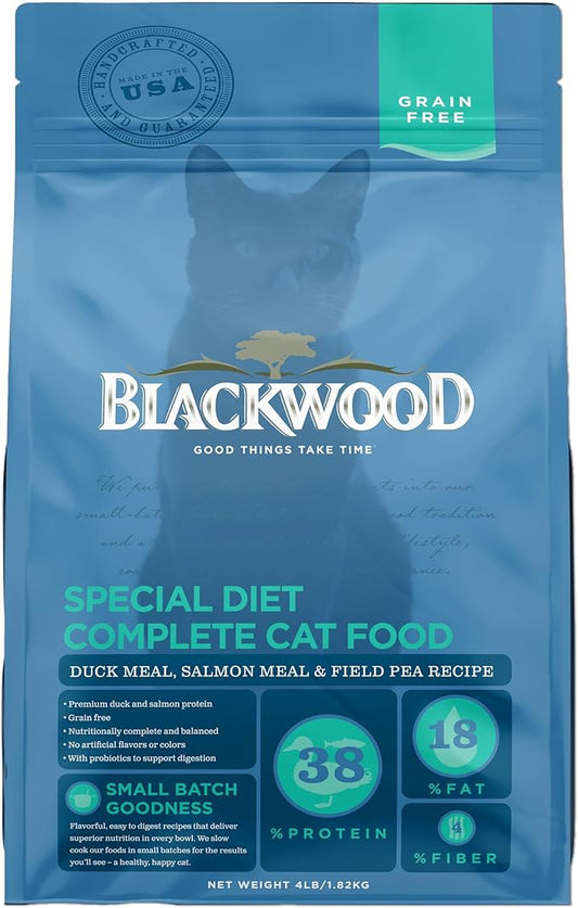 Blackwood Dry Cat Food, Special Diet Formula for Sensitivities, Duck Meal, Salmon Meal & Field Pea Recipe, 4 Pound Bag, High Protein, Slow Cooked, Grain Free