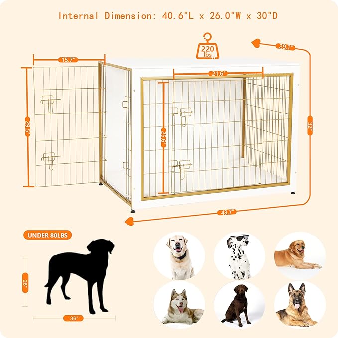 DWANTON Dog Crate Furniture with Cushion, Wooden Kennel Table with Double Doors, Indoor Dog House, Extra Large Size, 43.3" L, White+Gold
