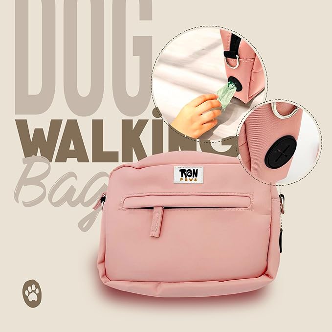 Dog Walking Crossbody with Treat Pouch & Tripod - Hands-Free Storage with Phone Holder, Poop Bag Dispenser, Hook for Used Poop Bags & Training Features (Pink)
