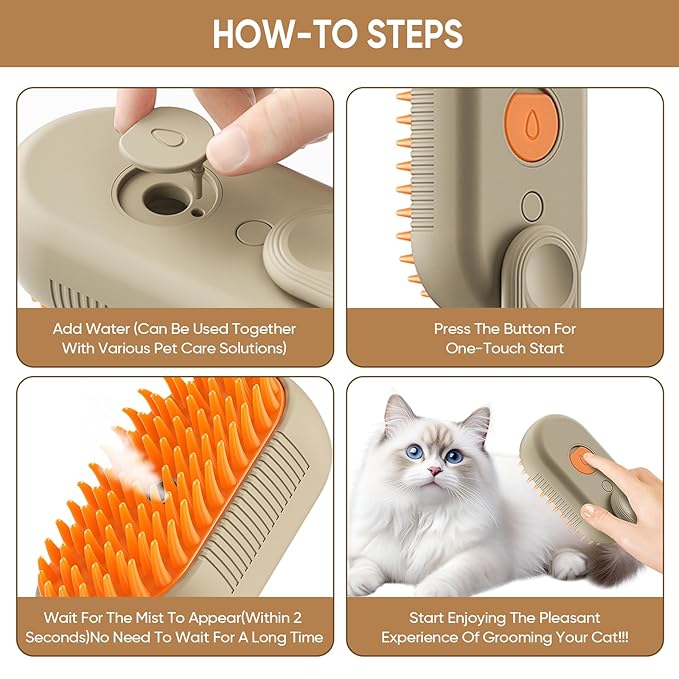 4-in-1 Steam Cat Brush for shedding–Self-Cleaning Comb for Long and Short Hair Cats and Dogs, Steam Pet Brush for Hair Removal, Vibrating Message, Grooming & Relaxation (Khaki)