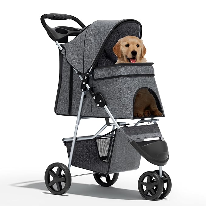 Cat Dog Stroller,3-Wheels Pet Stroller for Medium/Puppy Dogs 30 Lbs, Cat Strollers for 1 Cats, Foldable Dog Stroller with Storage Basket and Cup Holder, Breathable Mesh Grey