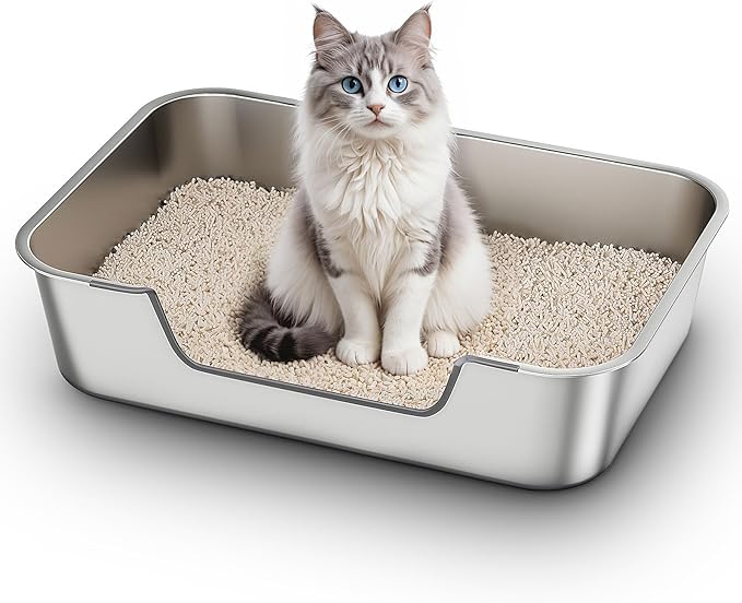 Stainless Steel Cat Litter Box with Low Entry, Large Metal Kitty Litter Box for Senior or Injured Cats, Odor-Free, Non-Stick, Easy to Clean, 23.4"x15.6"x5.9", for Multiple Cats