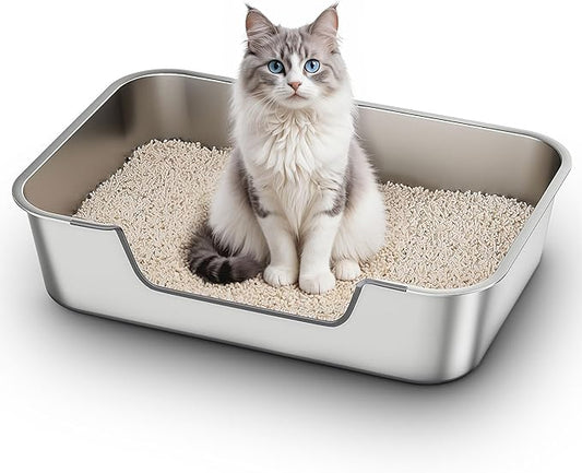 Stainless Steel Cat Litter Box with Low Entry, Large Metal Kitty Litter Box for Senior or Injured Cats, Odor-Free, Non-Stick, Easy to Clean, 23.4"x15.6"x5.9", for Multiple Cats