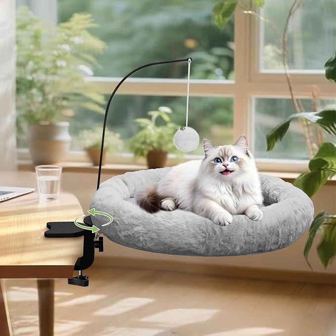 Cat Desk Bed - Hanging Plush Ball Design, 360° Rotating Round Cats Bed, Can Bear 50 Pounds, Soft Faux Rabbit Fur Material, Cat Hammock are Suitable for Various Desktops