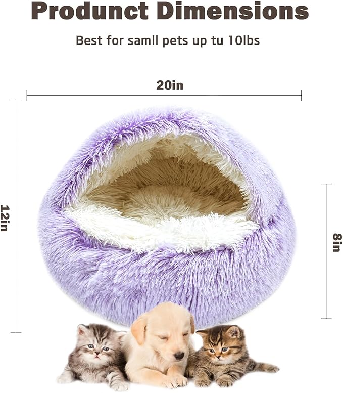 Cat Bed for Indoor Cats, Calming Cozy Cave with Self-Warming Plush, Entire Bed Machine Washable & Anti-Slip Base, Breathable Pet Bed for Small Cats&Dogs All Seasons (Purple, 20 * 20inch)