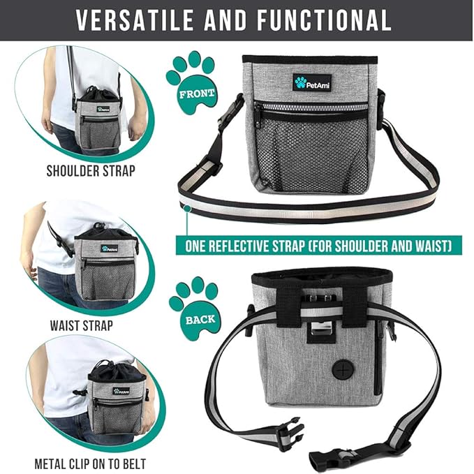 PetAmi Dog Treat Pouch, Pet Treat Pouch for Training, Dog Walking Bag Holder for Kibbles, Pet Food Toy, Dog Trainer Essentials Supplies, Poop Bag Dispenser, 3 Ways to Wear (Heather Gray)