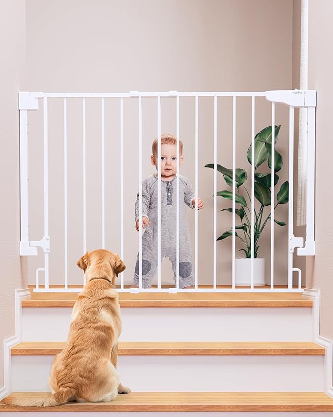 Cumbor 29.2–43" Baby Gate for Stairs, Wall-Mounted (Drill Required), Expandable No Bottom Bar Dog Gate, Auto Close Extra Wide Walk Thru, Pet & Toddler Proof Gate, Top & Bottom of Stairways (White)