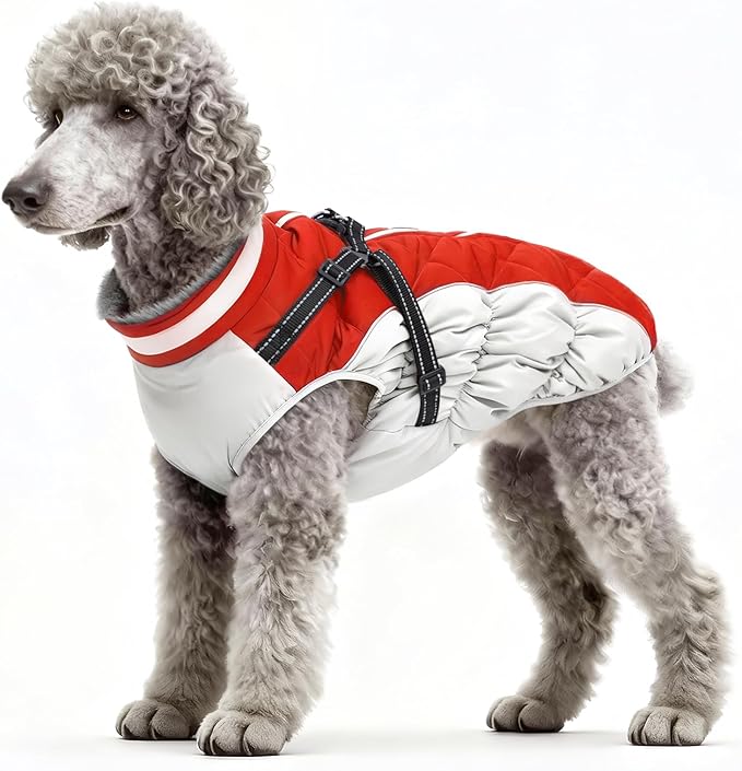 Dog Winter Coat with Harness, Dog Jacket, Pet Clothes with Zipper on Back, Waterproof Windproof Warm Vest, Reflective Cold Weather Coats, for Small Medium Large Dogs, Thick, Red, L