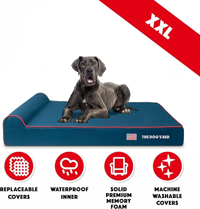 The Dog’s Bed Orthopedic Headrest Dog Bed XXL Blue Oxford with Red Trim US Flag, Memory Foam, Hip & Elbow Dysplasia, Post Surgery, Lameness, Waterproof Washable Cover