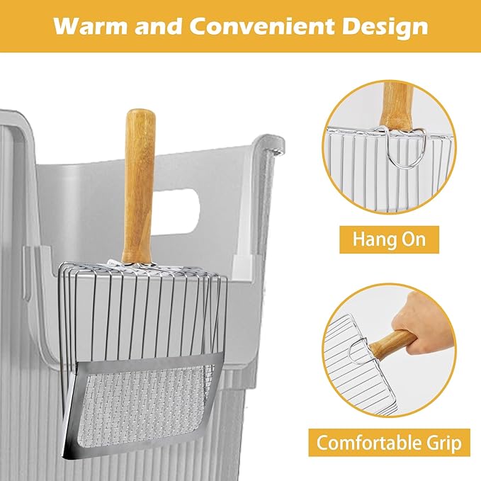 Stainless Steel Cat Litter Scoop,Cat Litter Scooper with Solid Wooden Handle,Kitty Metal Scooper & Speed Sifter Deep Shovel Scoop Filter,Kitten Pooper Lifter for Litter Box