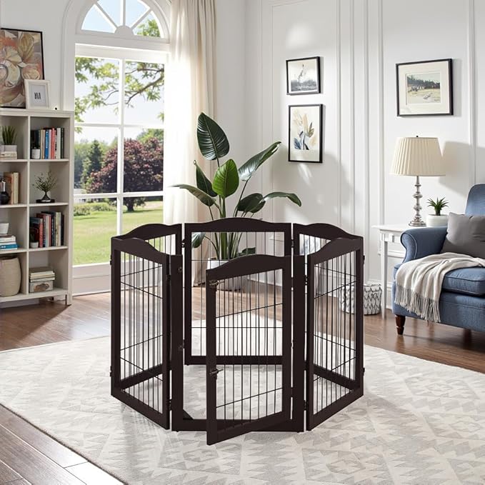 unipaws 132" Extra Wide Dog Gate and Pet Playpen, Free Standing Tall Dog Fence with Walk Through Door, Dog Barriers for Home, Use as Indoor Dogs Cats Pen, Rabbit Pen, Espresso