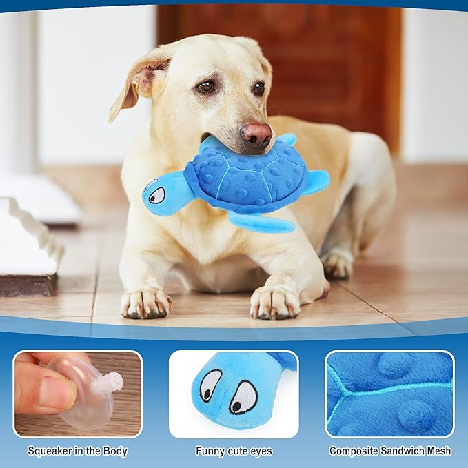 Squeaky Sea Turtle Plush Dog Toy - Durable, No Stuffing, Interactive Chew Toy for Small Dogs - Relieve Anxiety, Teething, and Keep Them Busy for Puppy(Blue)