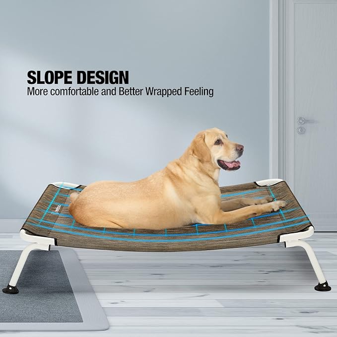 Veehoo Elevated Dog Bed for Outdoor, Cooling Waterproof Raised Dog Cots Beds XL, Curved Off Ground Pet Hammock Cot Lifted for Outside, up to 150lbs, White Legs, Brown 49"