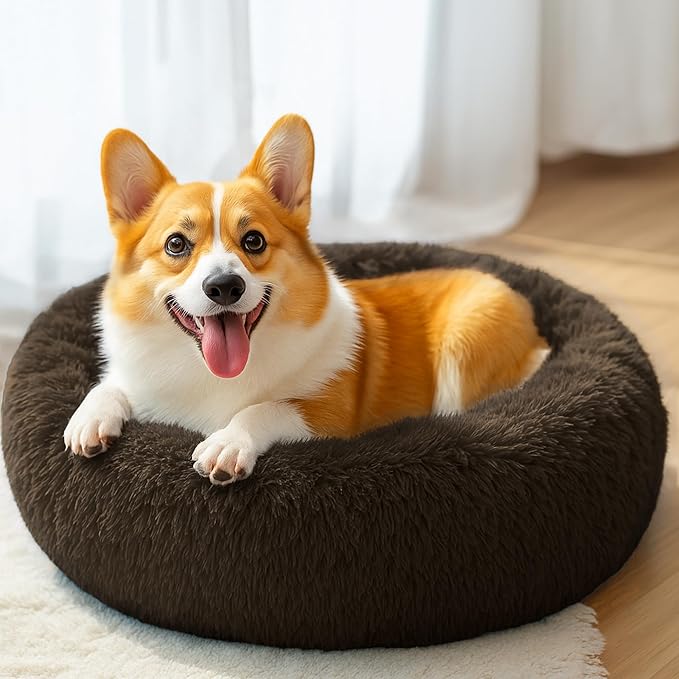 28in Large Dog Bed, Medium Size Dog and Cats, Calming Donut Bed for Puppy and Kitten, Washable Round Fluffy Pet Bed (Coffee)